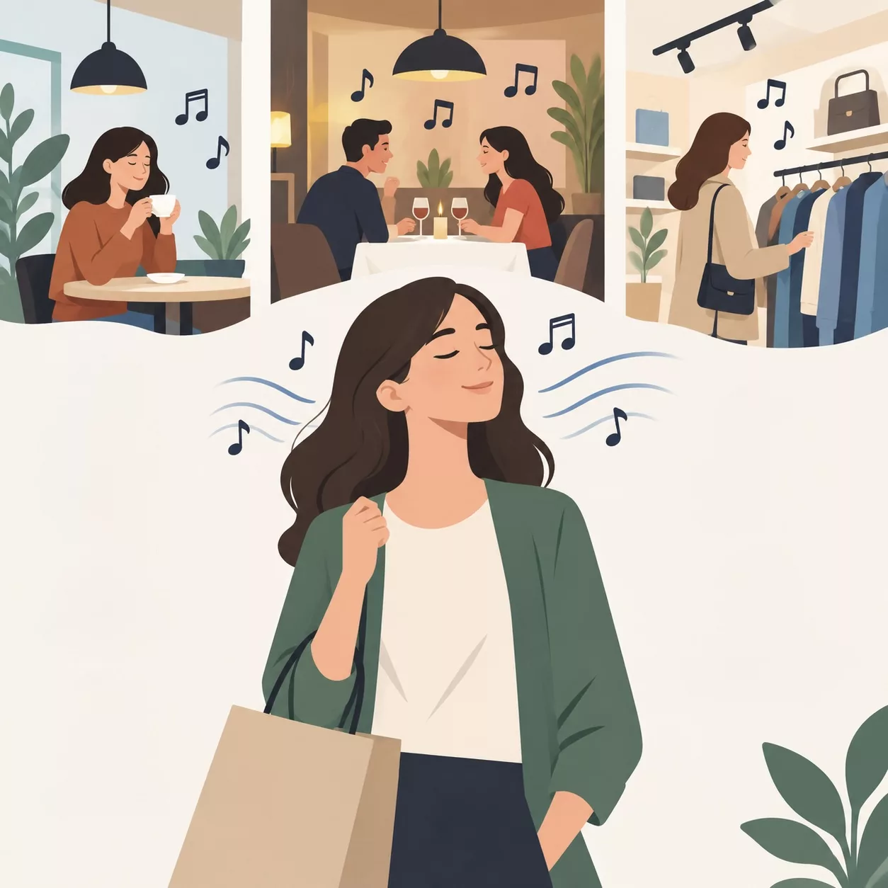 Kafede kahve içen, restoranda akşam yemeği yiyen ve mağazada kıyafetlere bakan müşterilerin etrafında müzik notaları; önde, elinde alışveriş çantasıyla gözlerini kapatıp müziği dinleyen bir kadın.